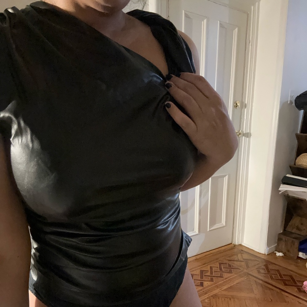 Black Zara faux leather asymmetrical sleeveless top